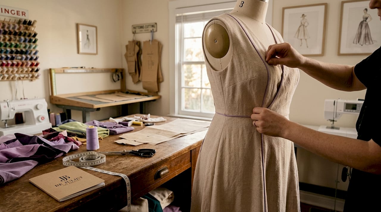 Tailor adjusting plus size sustainable dress on mannequin
