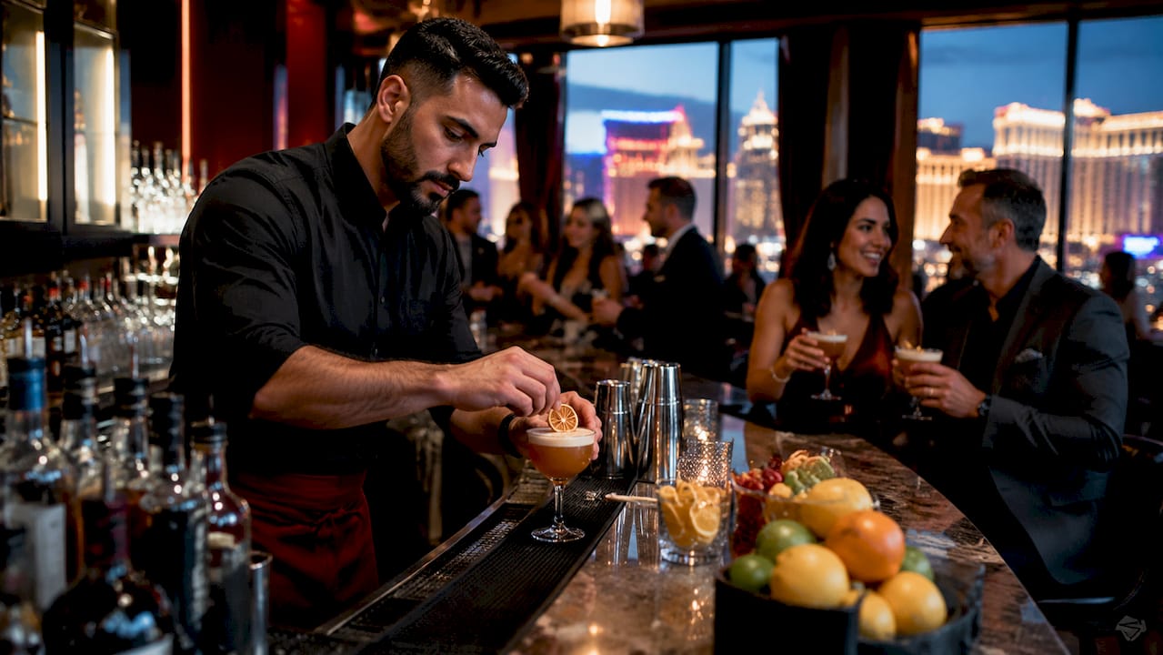 Bartender mixing drinks at outdoor Las Vegas event