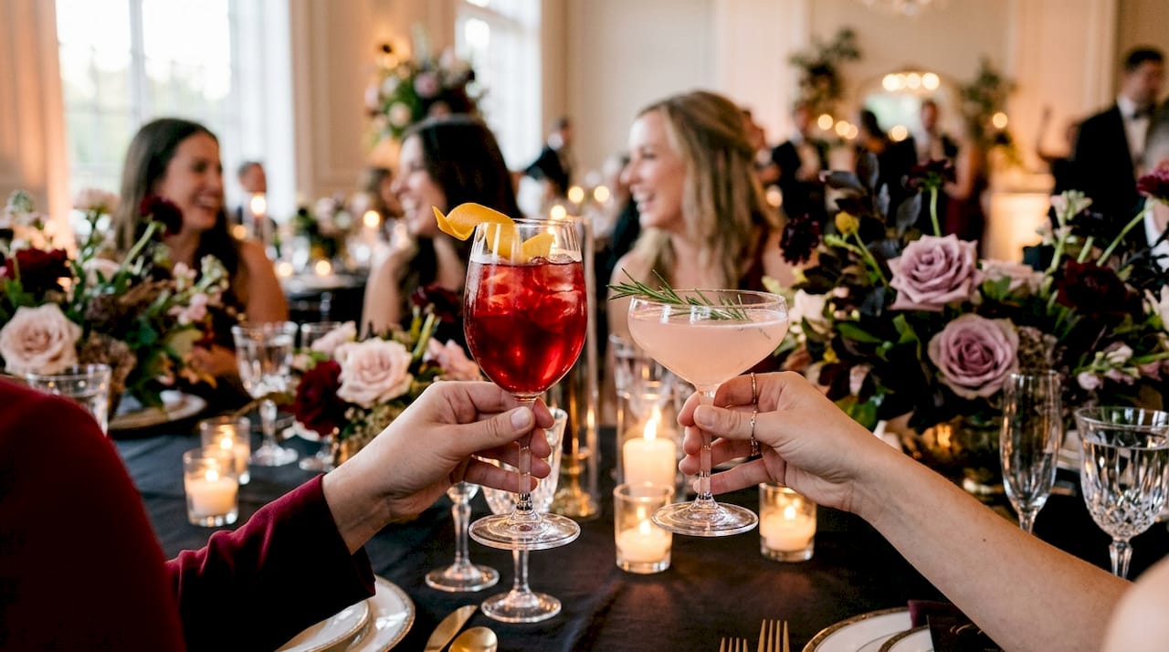 Hands holding two distinct signature wedding cocktails