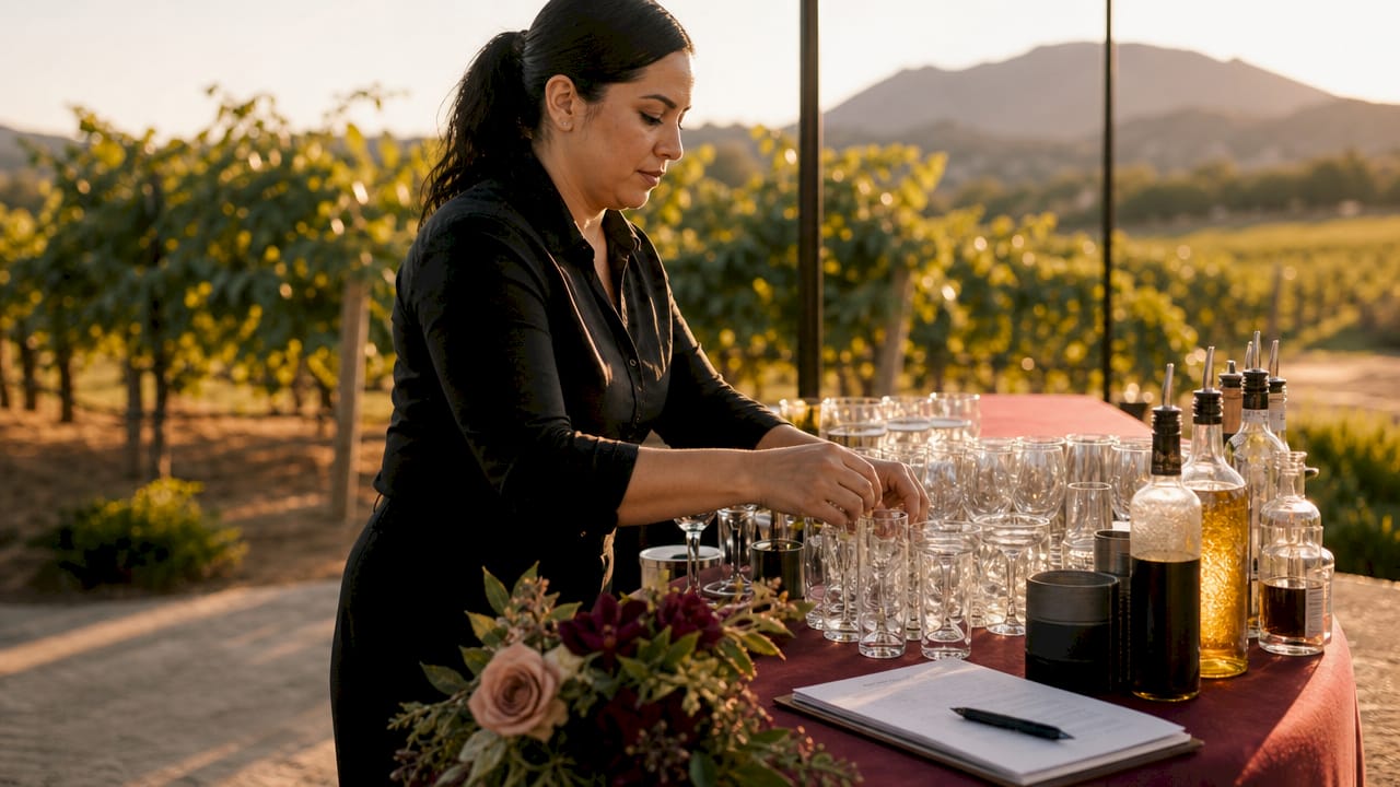 Bartender arranging wedding bar beverage setup outdoors