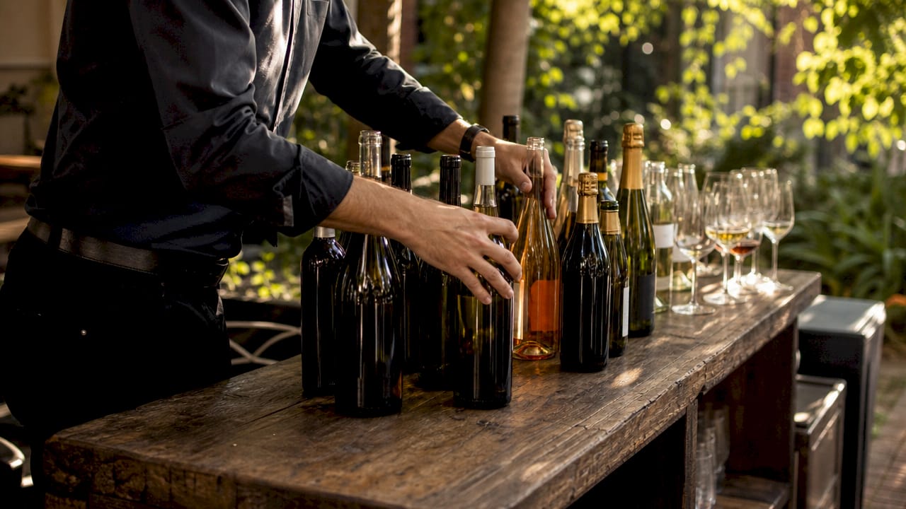 Hands arranging wine and beer bottles on counter