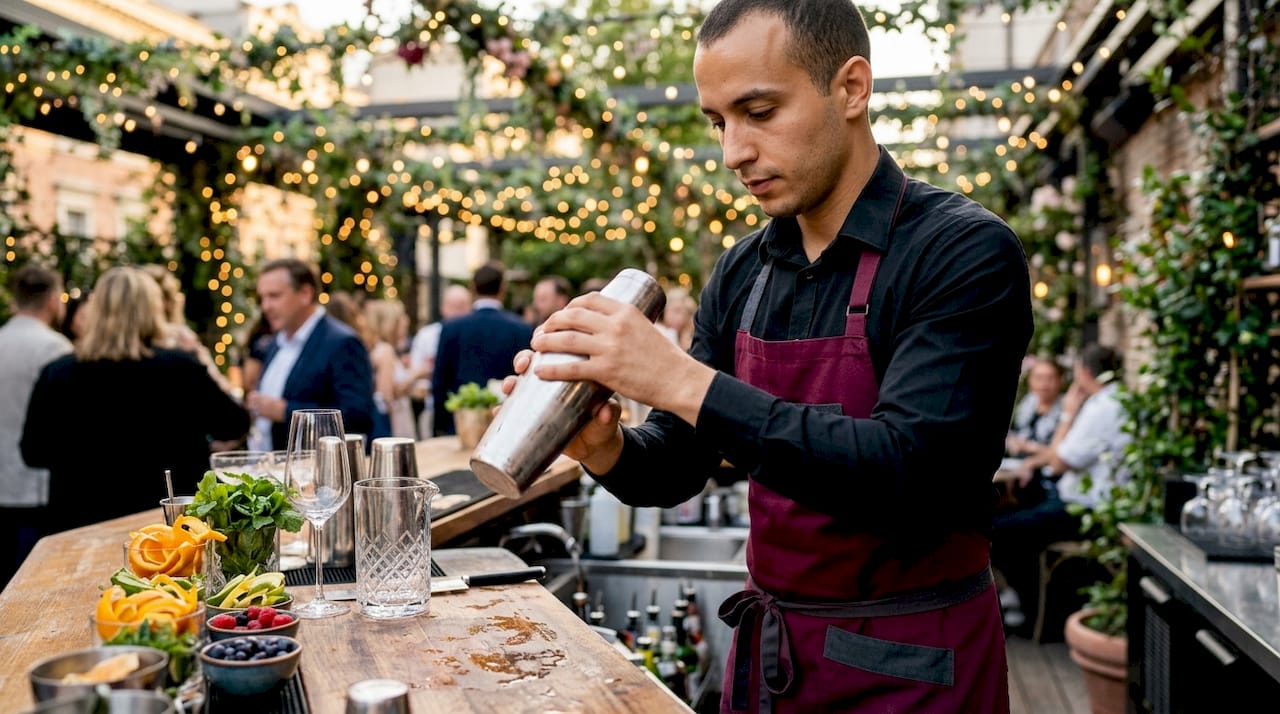 Bartender pouring drinks at event bar