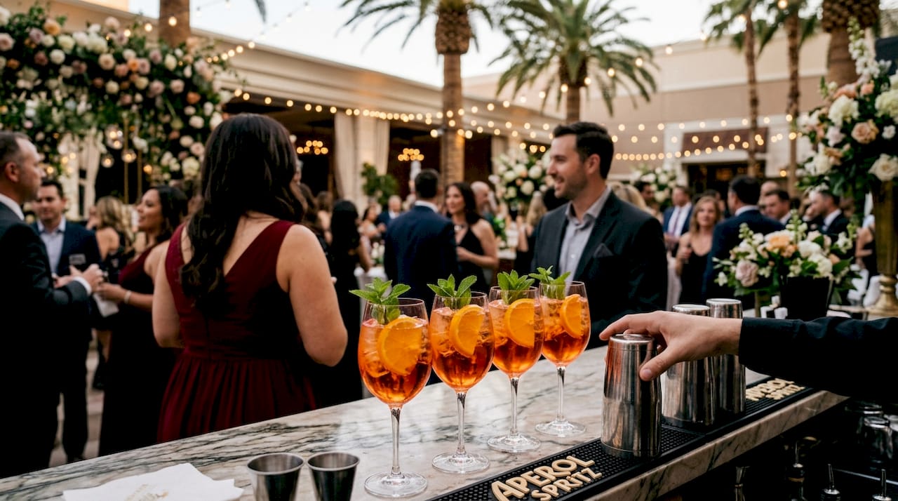 Aperol Spritz cocktails on tray at outdoor wedding bar