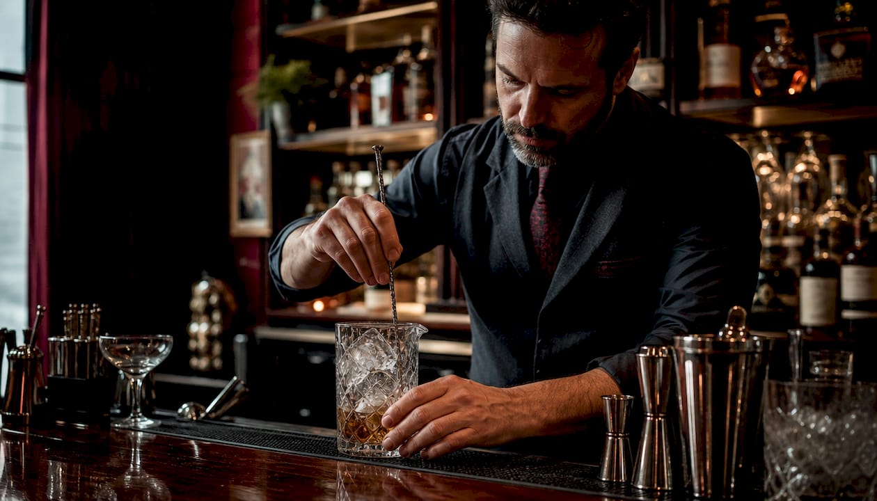 Bartender shaking cocktail at event bar
