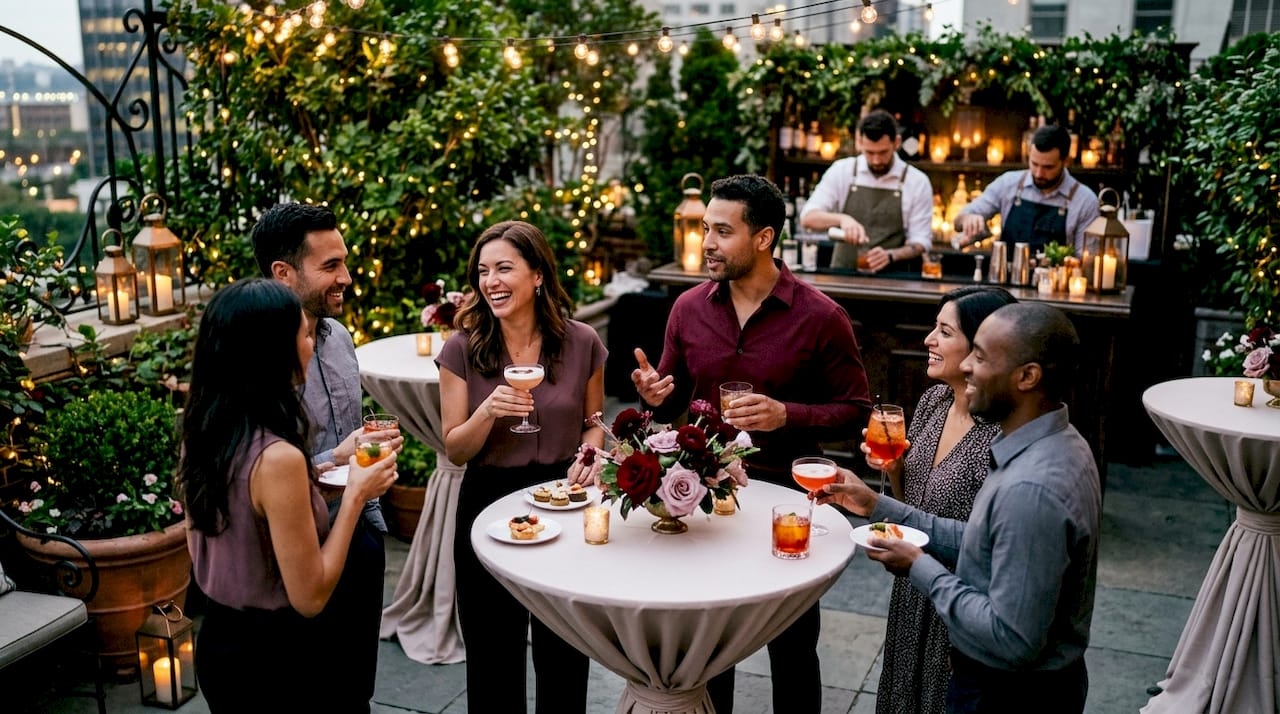 Guests networking at cocktail reception lounge