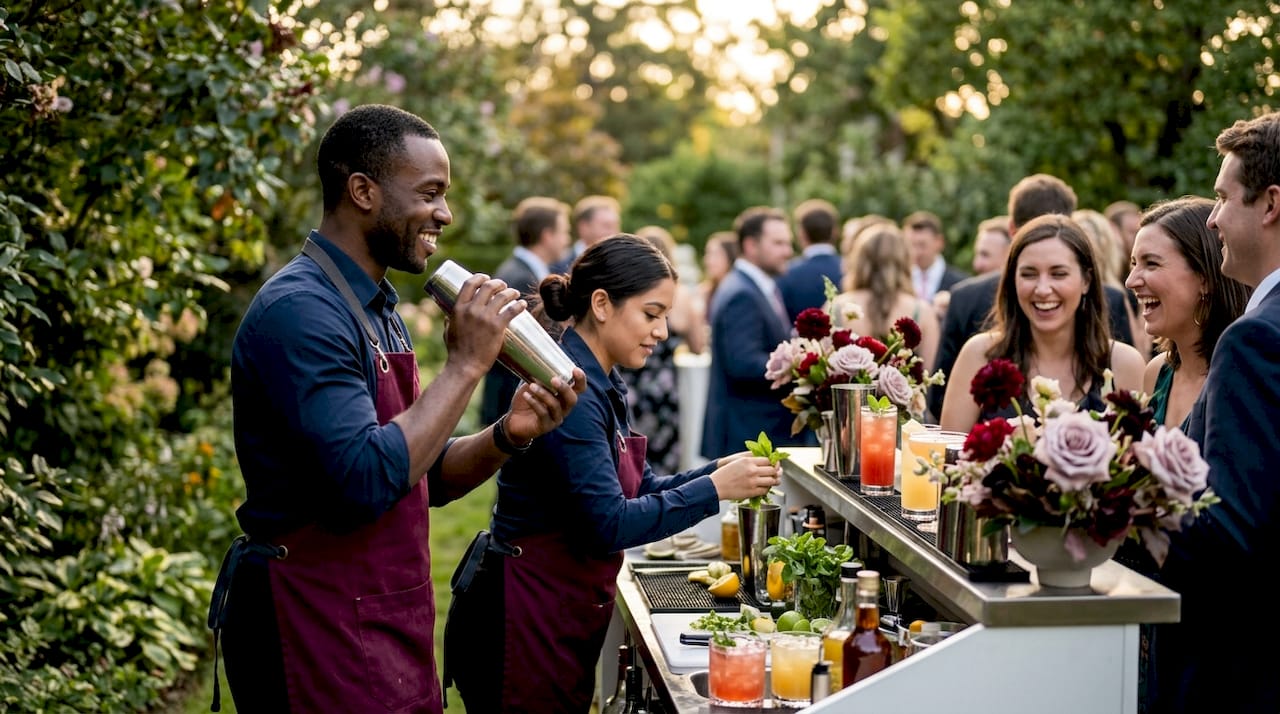 Bartenders serving drinks at convention event bar