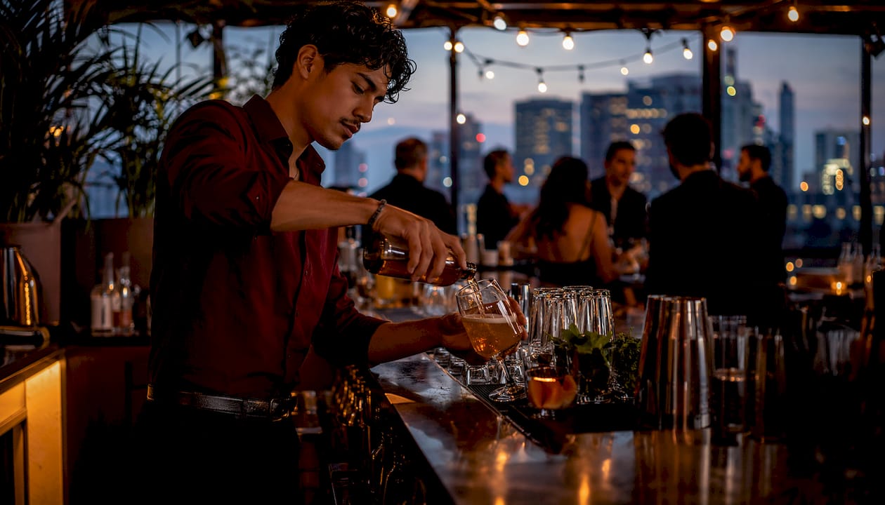 Bartender pouring drink at corporate holiday party bar