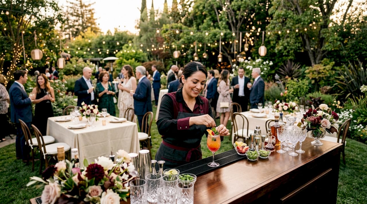 Bartender arranging drinks and supplies at bar