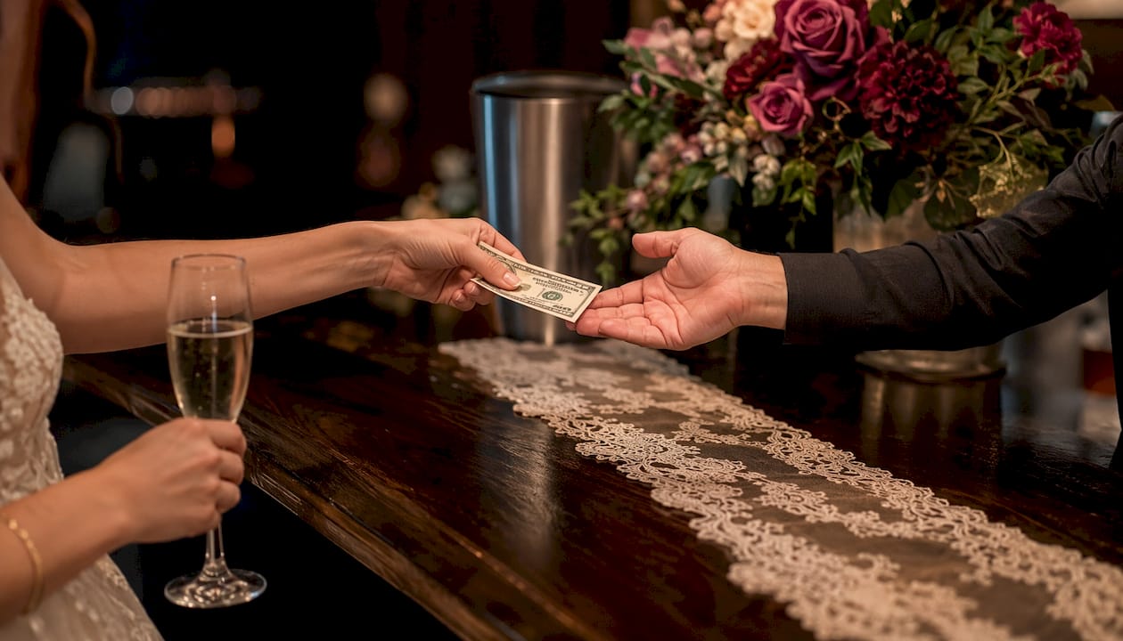 Hands exchanging payment at wedding bar