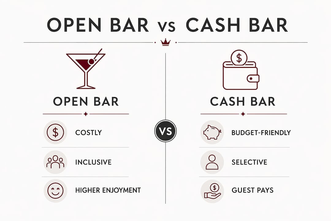 Infographic comparing open bar and cash bar wedding options