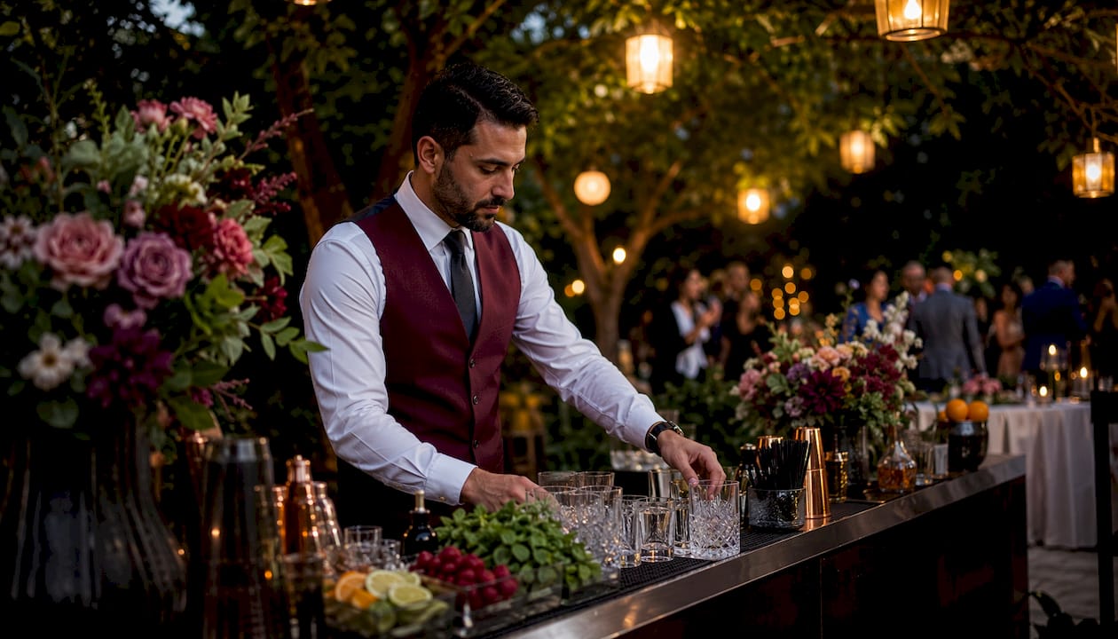 Bartender organizing glassware and garnishes on bar