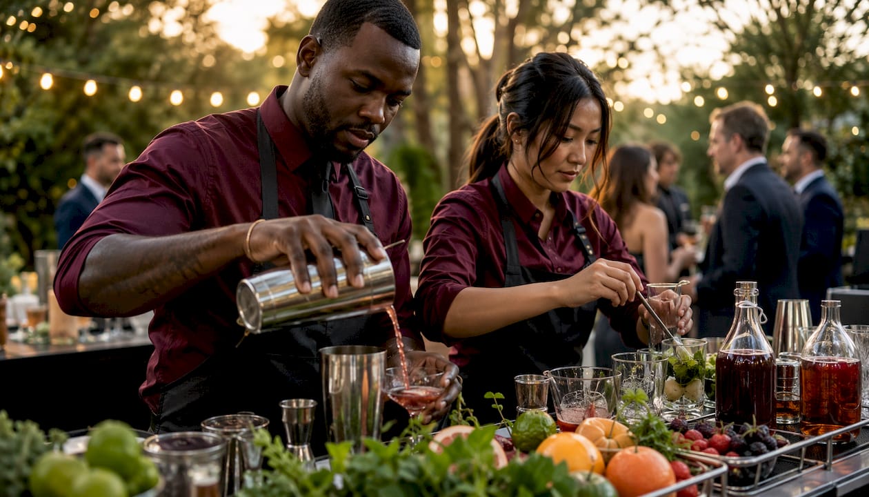 Bartenders preparing cocktails at mobile bar event
