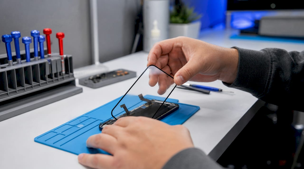 Technician holding iPhone digitizer close-up