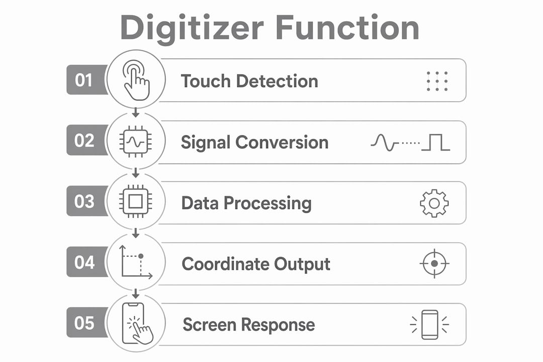 Infographic illustrating iPhone digitizer function steps