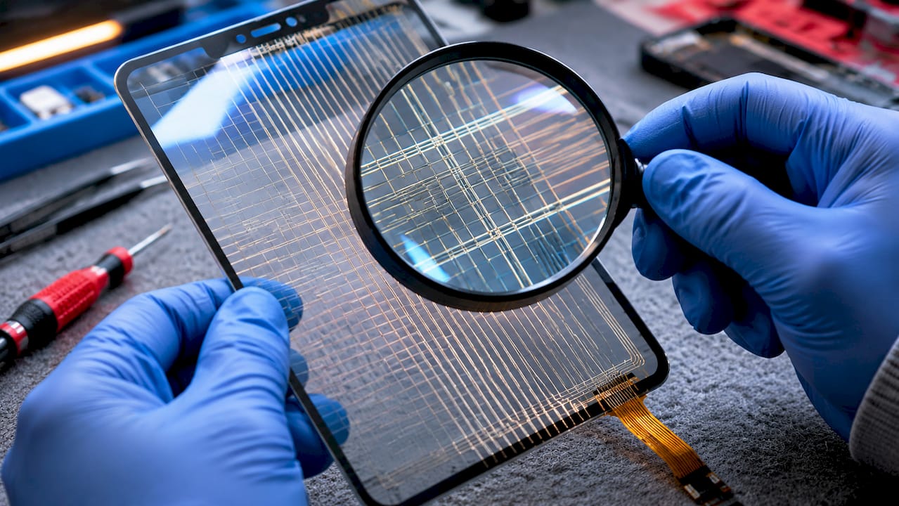 Gloved hands inspecting digitizer electrode grid