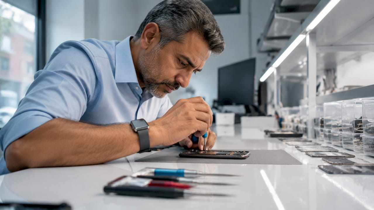 Technician repairing smartphone in Finchley shop