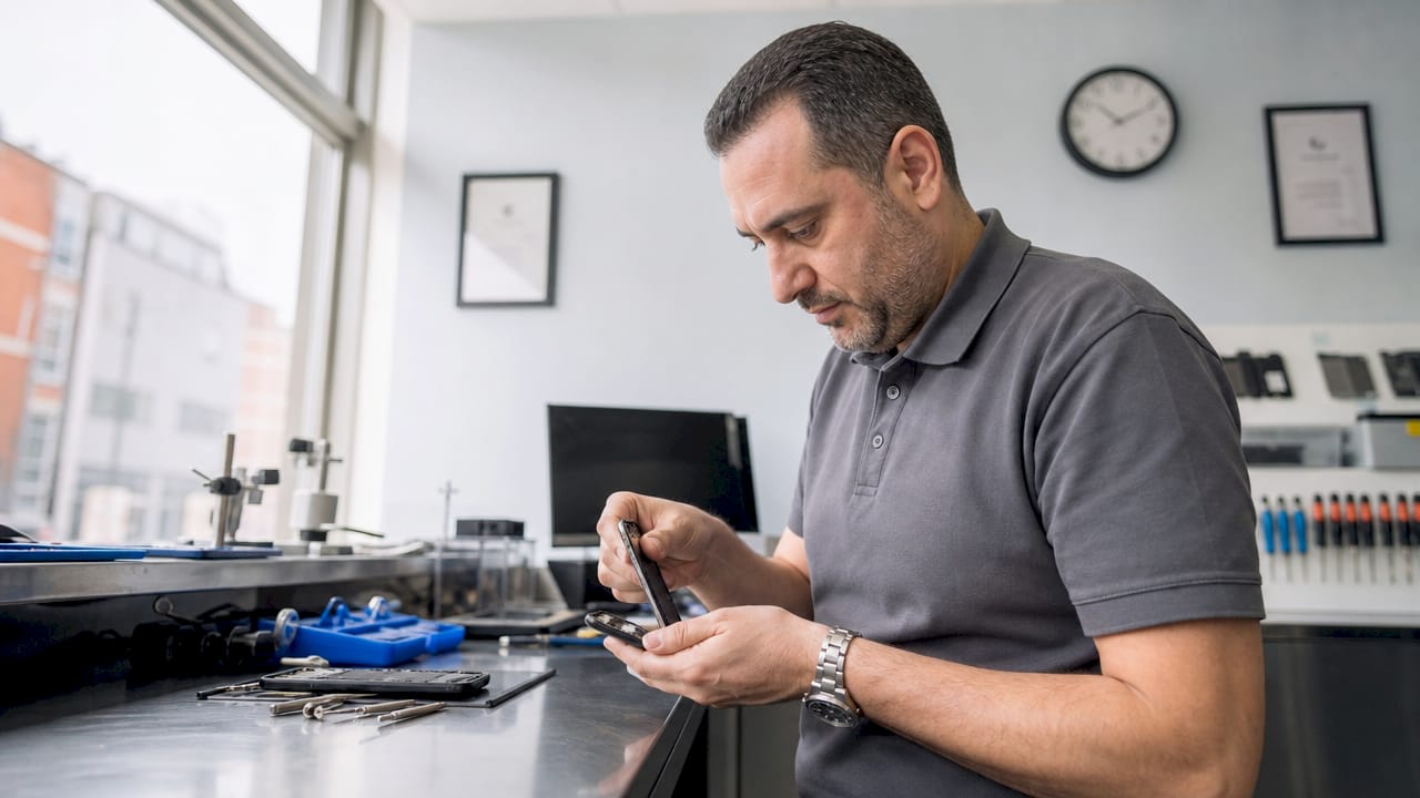 Technician repairing smartphone at local shop counter