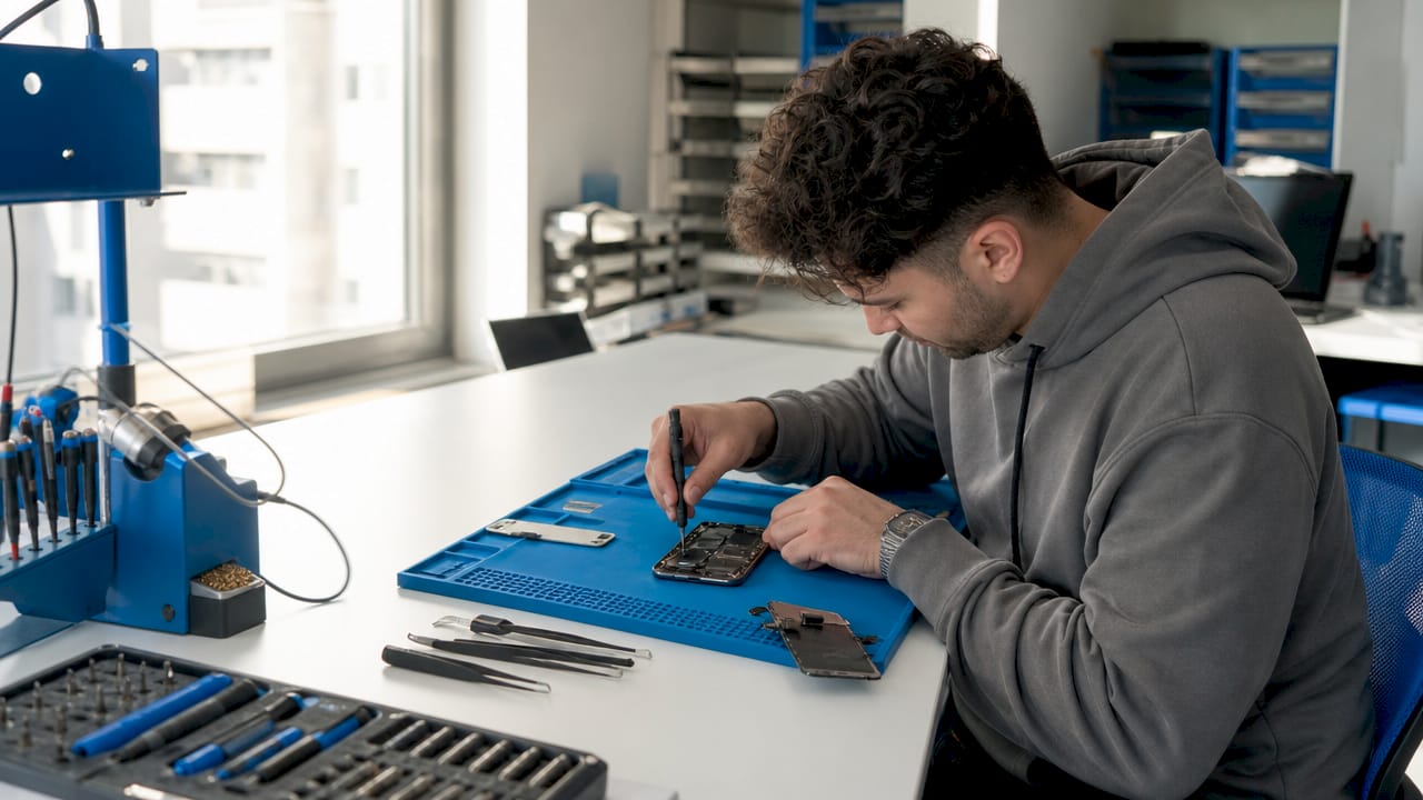 Hands replacing smartphone battery with warranty card