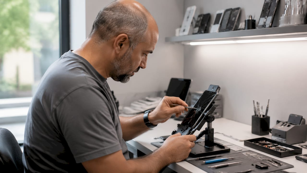 Technician repairing phone screen in small shop