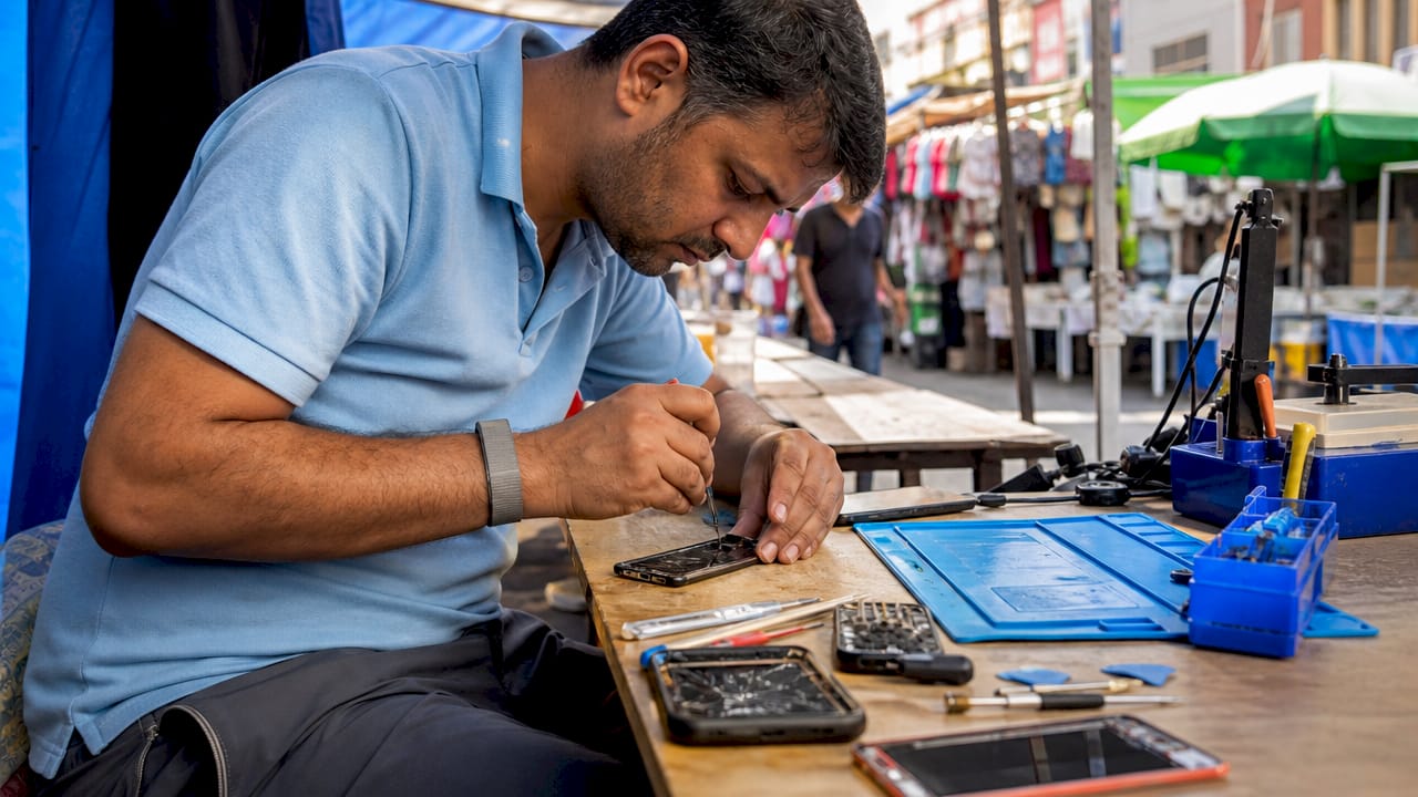 Technician repairing cracked phone screen in Whetstone shop