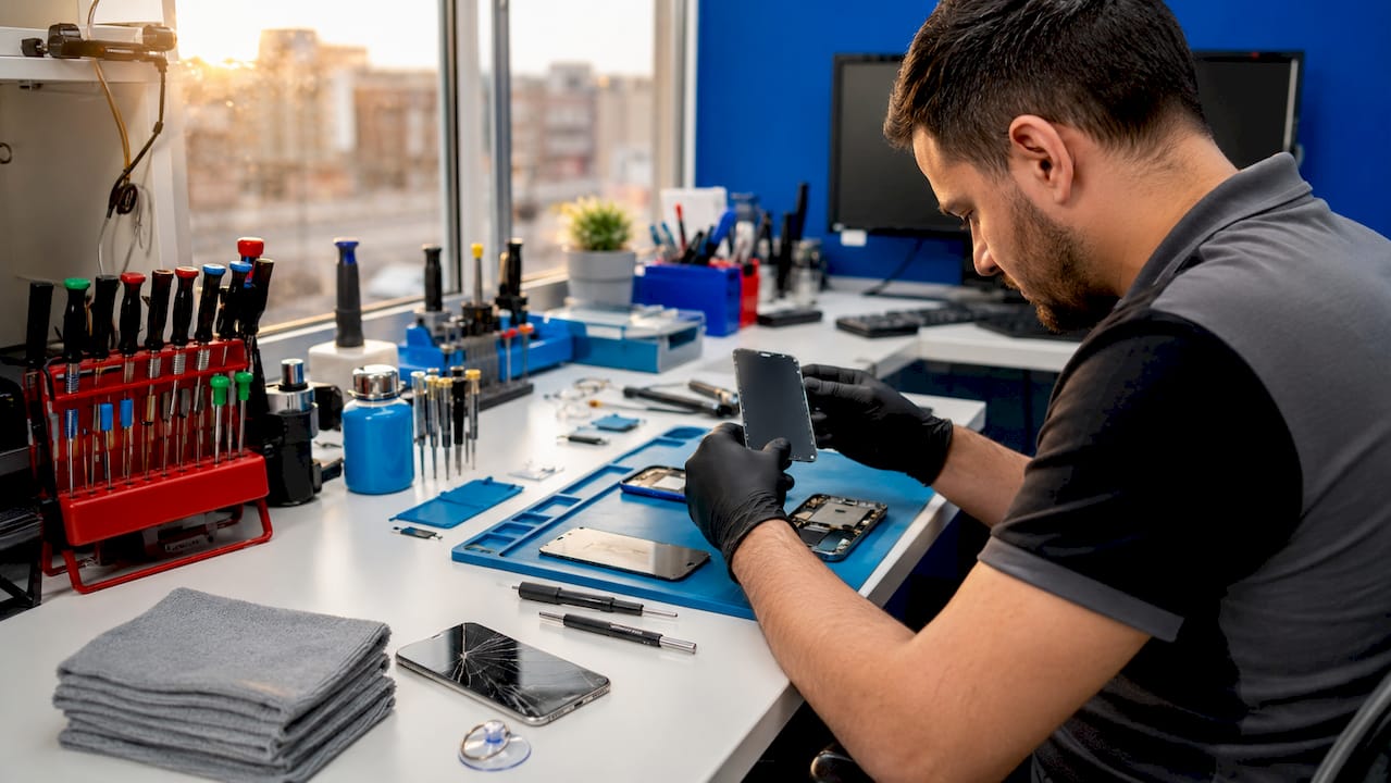 Close-up of phone screen repair tools and new screen