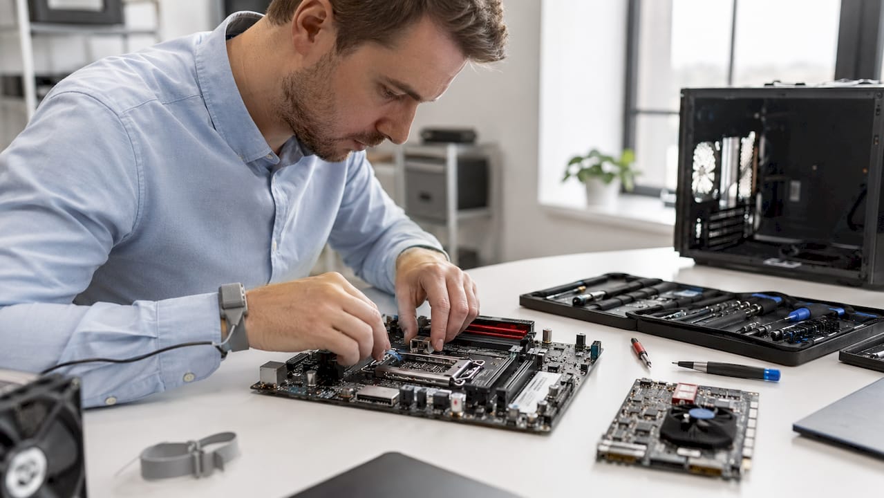 Technician assembling computer motherboard close-up