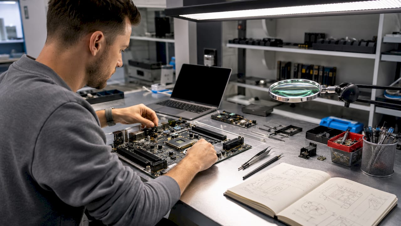 Overhead view of disassembled motherboard and tools