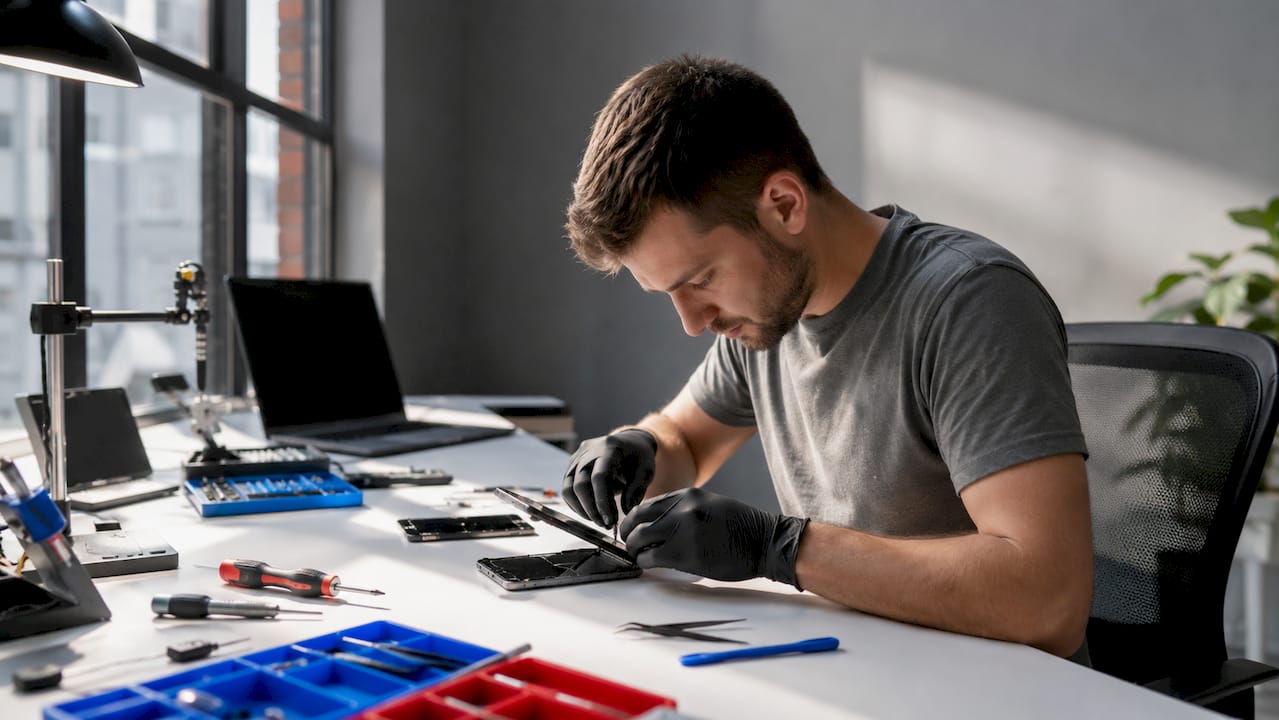 Technician's hands installing new phone screen