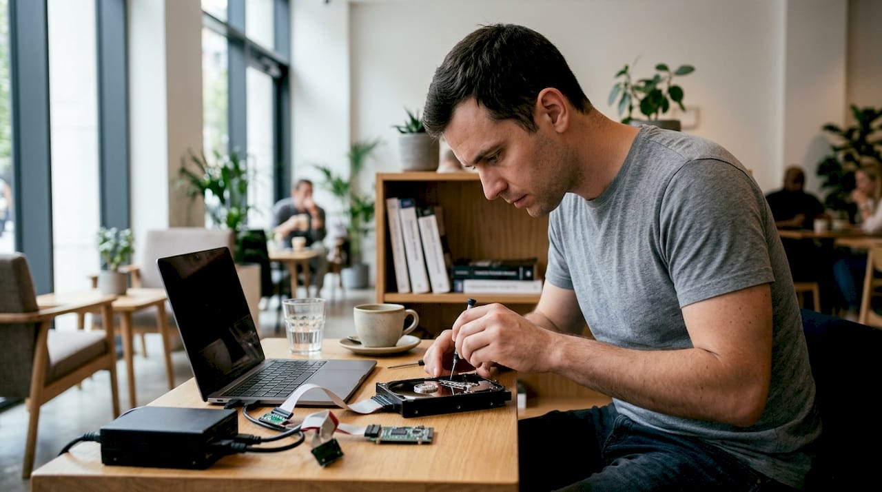 Data recovery specialist working with hard drive