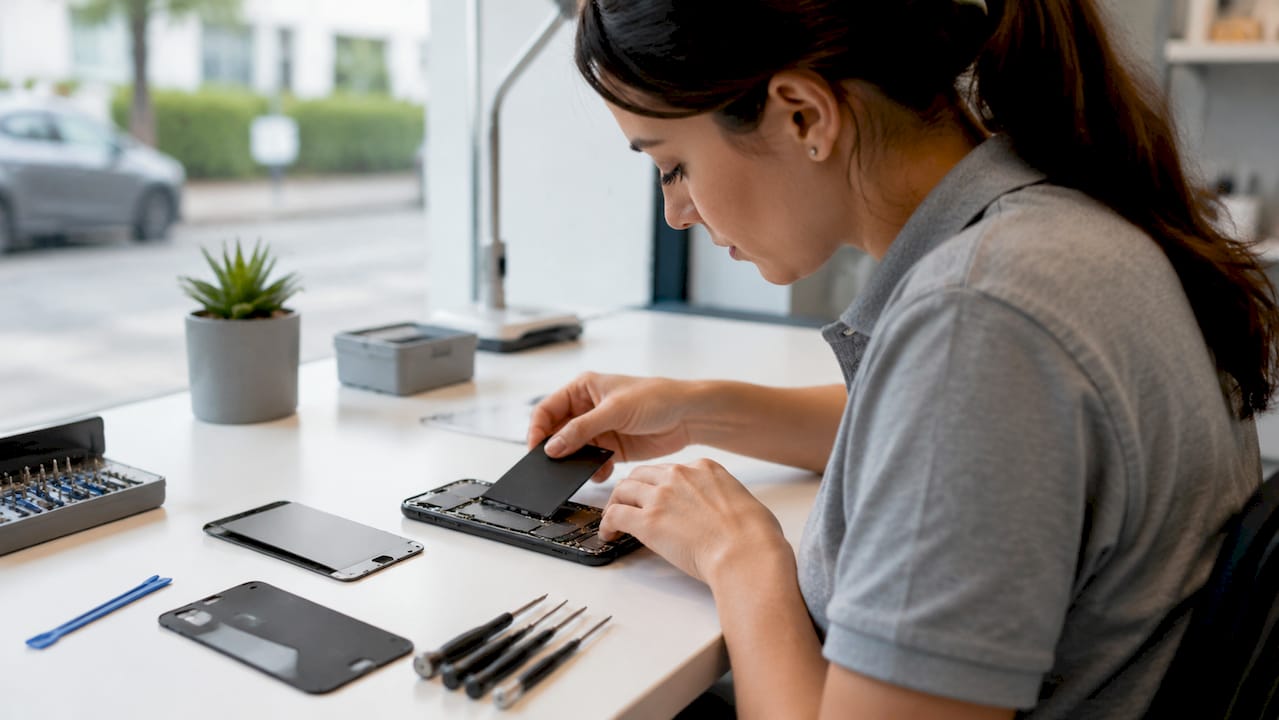 Hands replacing smartphone battery in repair workshop