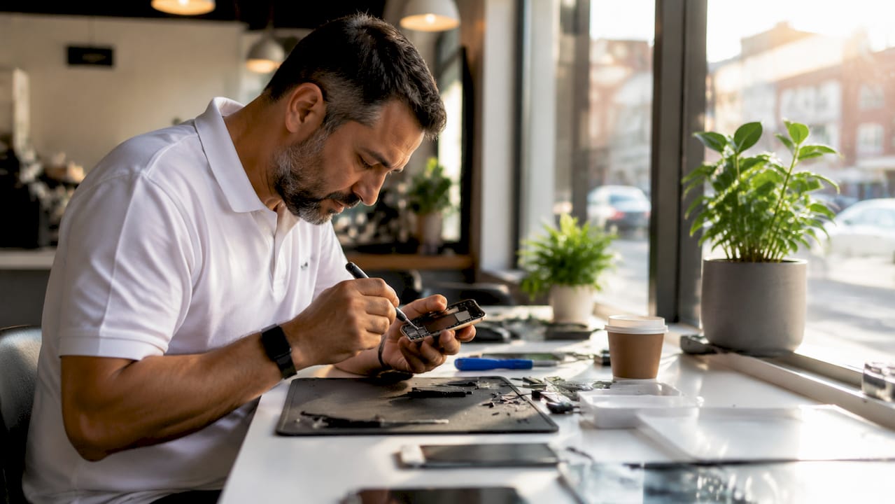 Phone repair technician working in Colindale shop