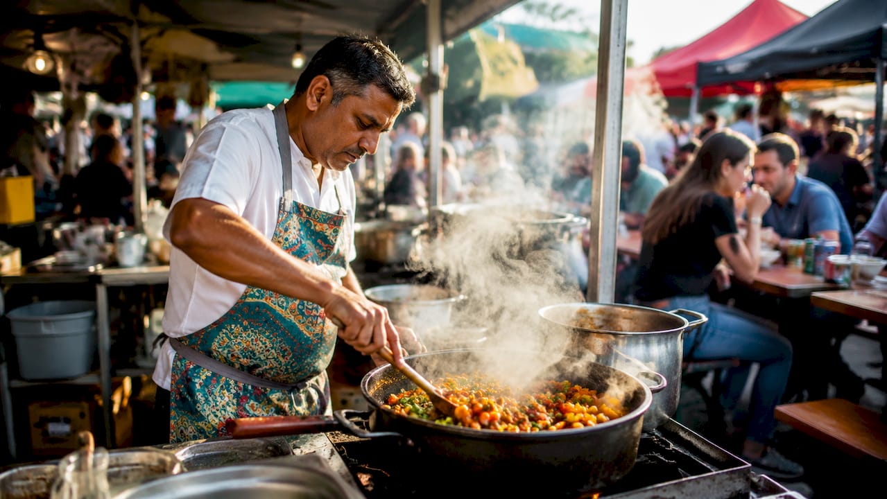 Dalston street food chef cooking in kitchen
