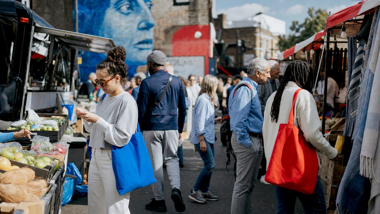 Bustling multicultural Dalston street market scene