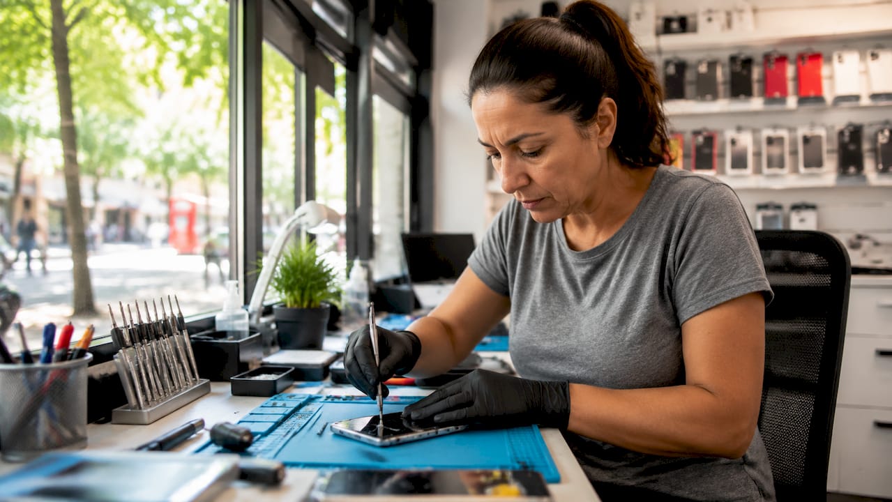 Technician fixing phone screen in shop near Archway