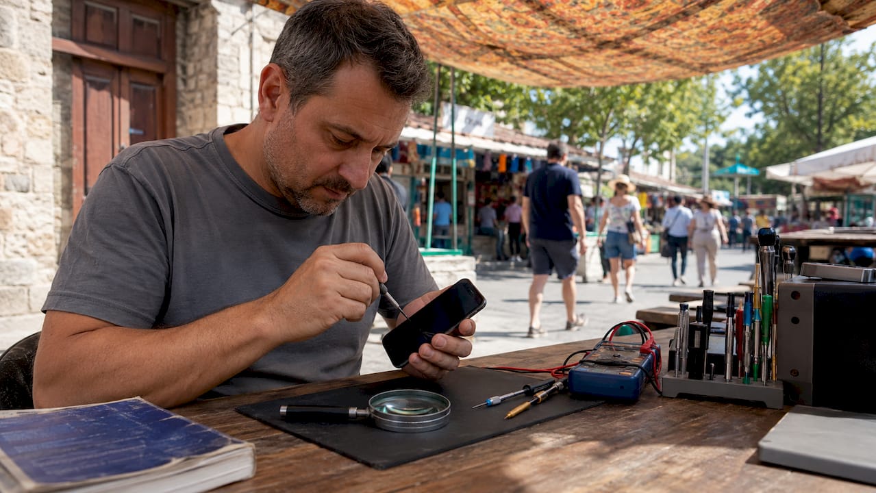 Technician examining iPhone with black screen