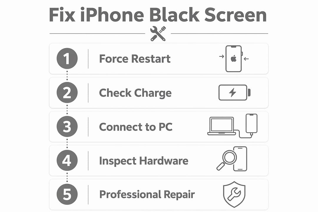 Infographic showing steps to fix iPhone black screen