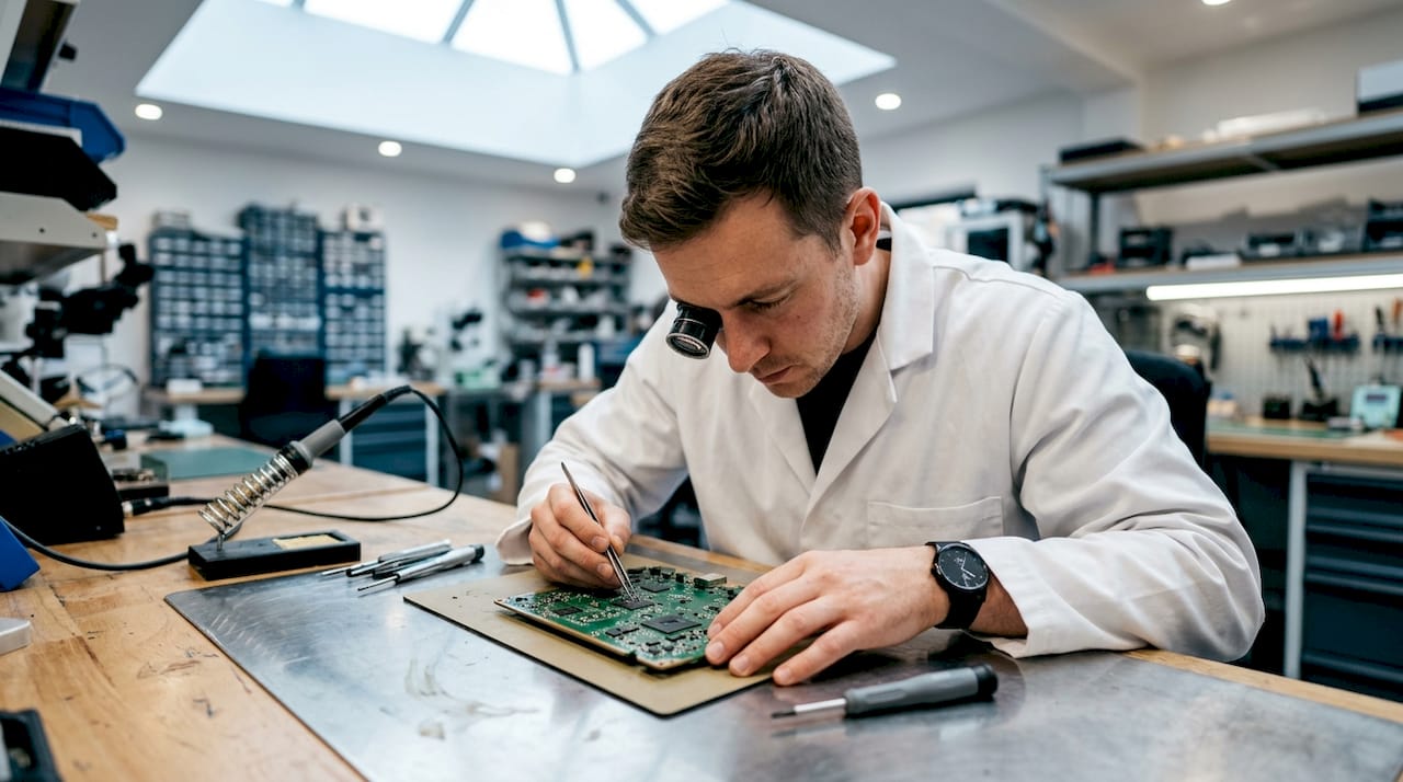 Technician examining circuit board for repairs