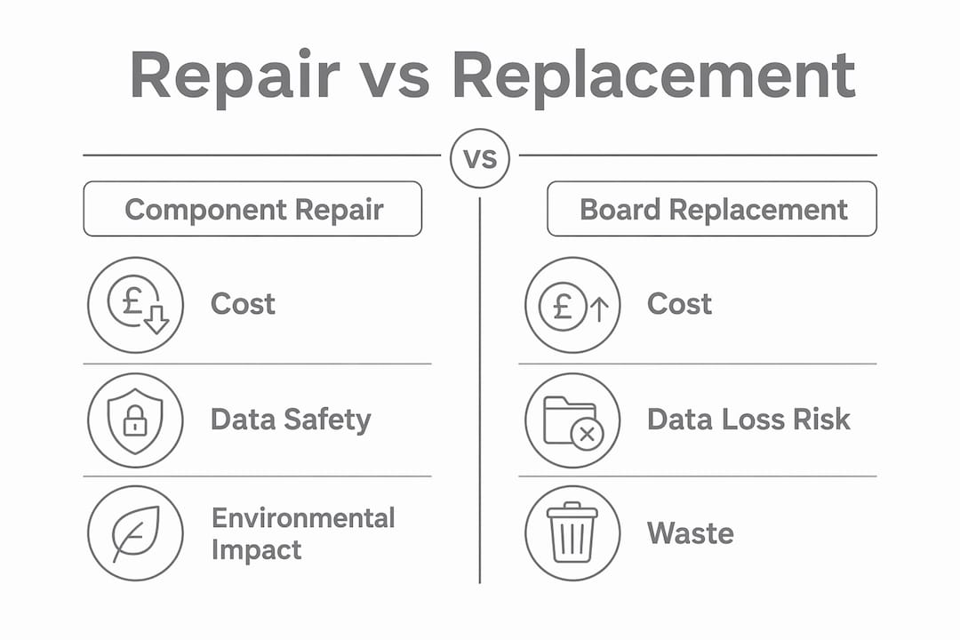 Infographic comparing component repair and board replacement