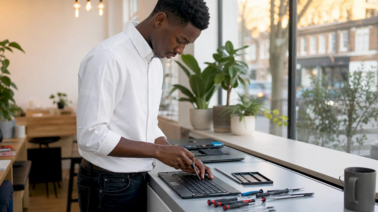 Technician fixing MacBook keyboard at desk
