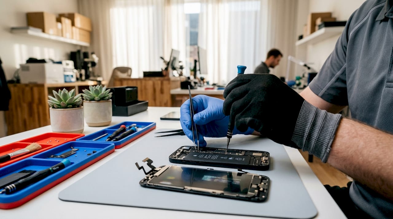 Disassembled iPhone and tools on repair bench