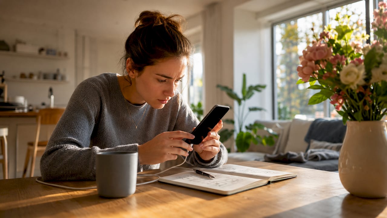 Woman troubleshooting iPhone backup at kitchen table
