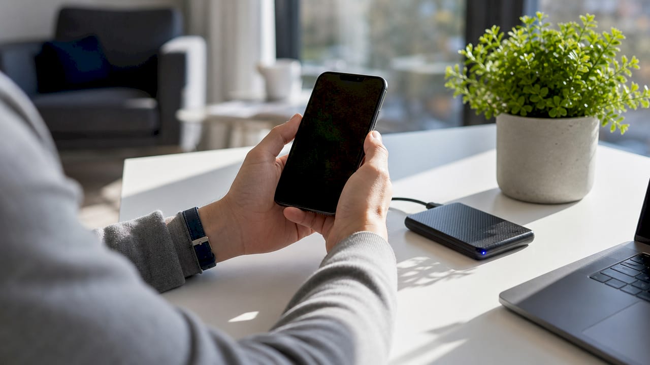 Hands holding iPhone with Wi-Fi router and external drive nearby