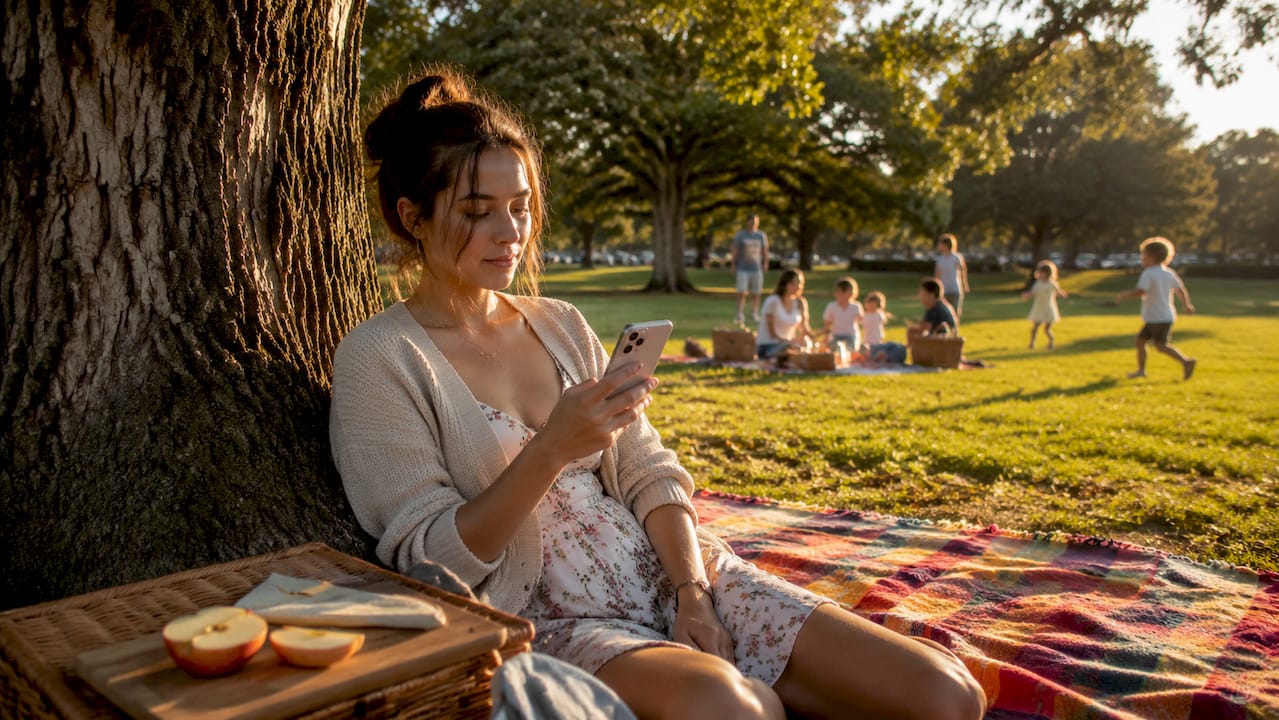 Hands holding iPhone outdoors with heat effect visible