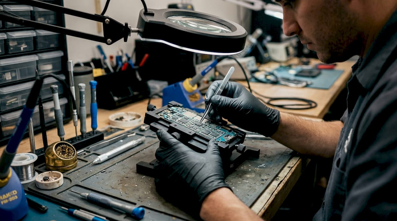 Hands performing micro-soldering on motherboard
