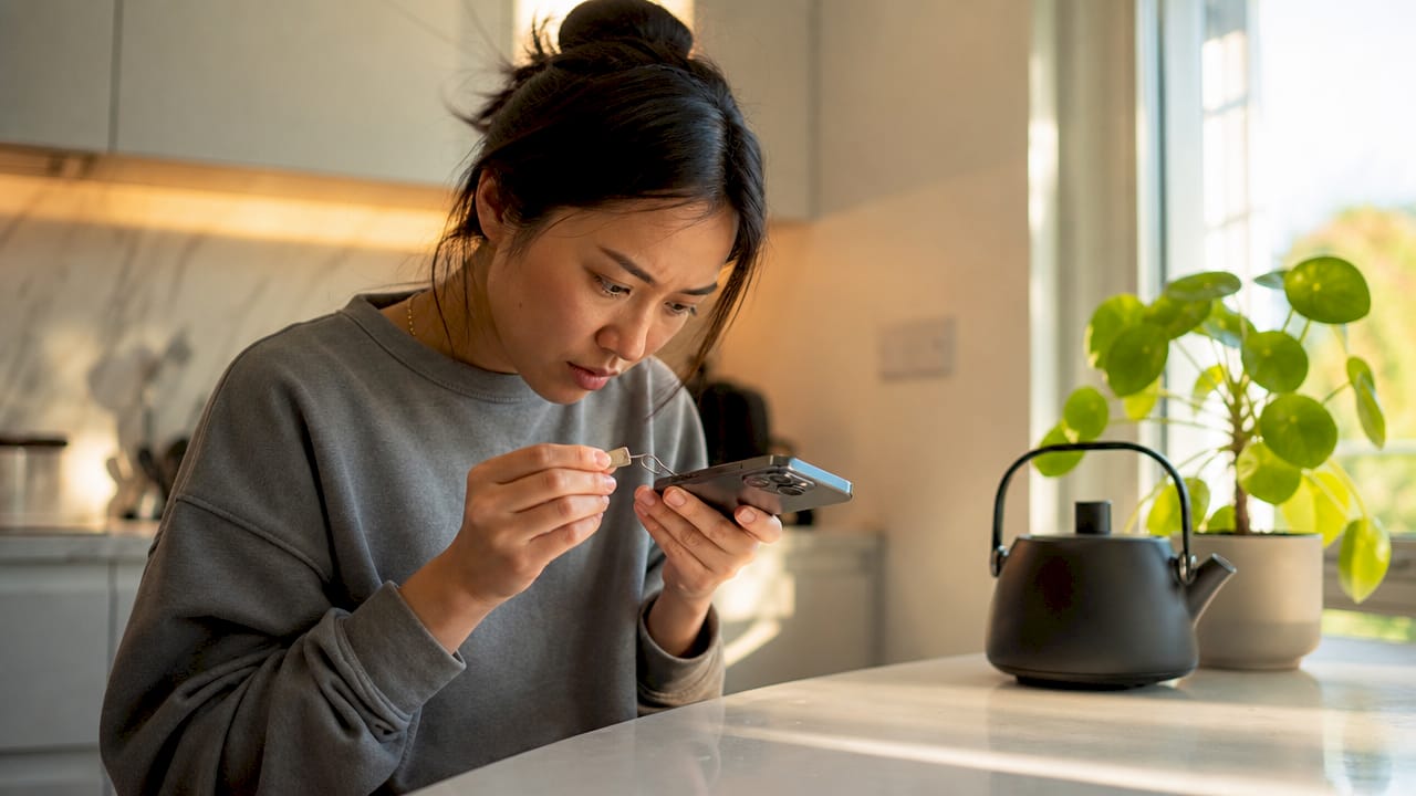 Woman inspecting iPhone SIM card tray at home