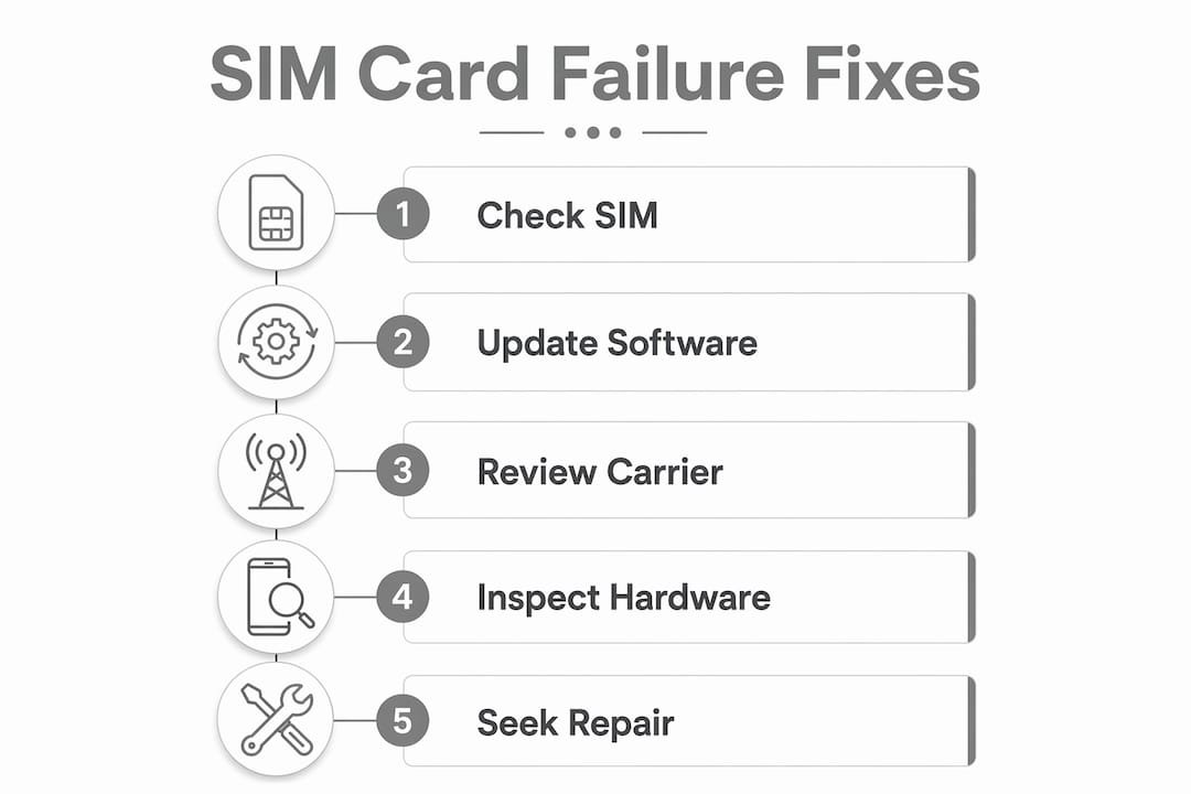 Infographic outlining iPhone SIM card failure troubleshooting steps