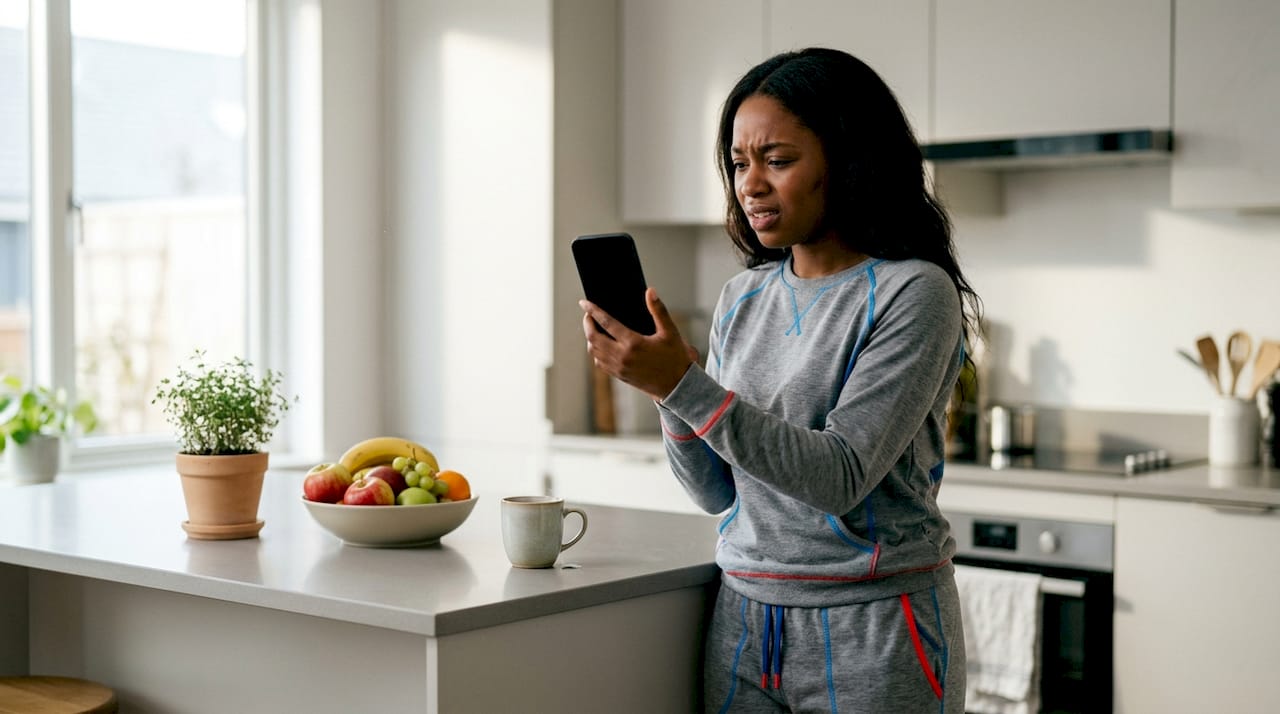 Woman troubleshooting frozen iPhone at home