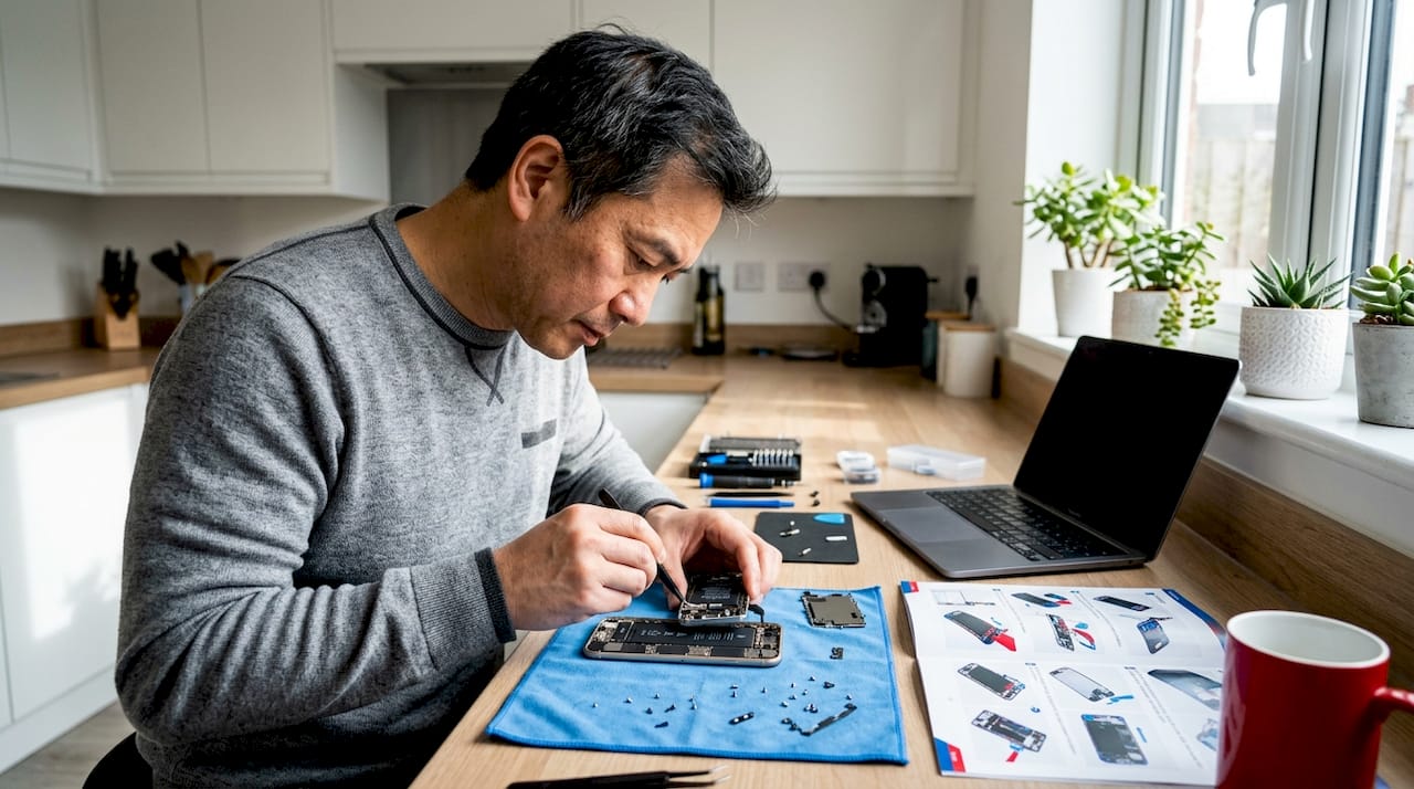 Man inspecting disassembled iPhone for repair costs