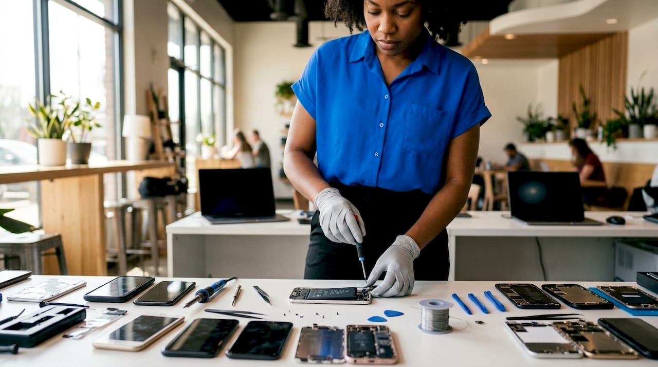 Female technician replacing iPhone battery in workshop