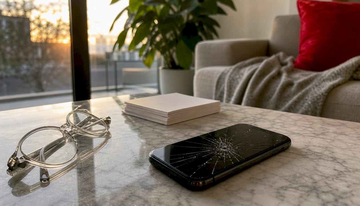 Close-up of cracked iPhone screen on wooden desk